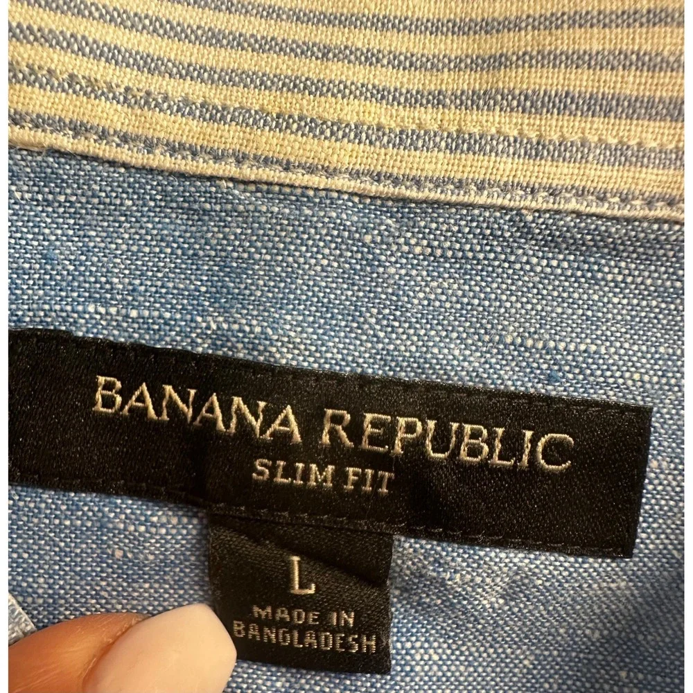 Banana Republic Linen Blend Shirt Mens Large Blue Striped Slim Fit Button Up